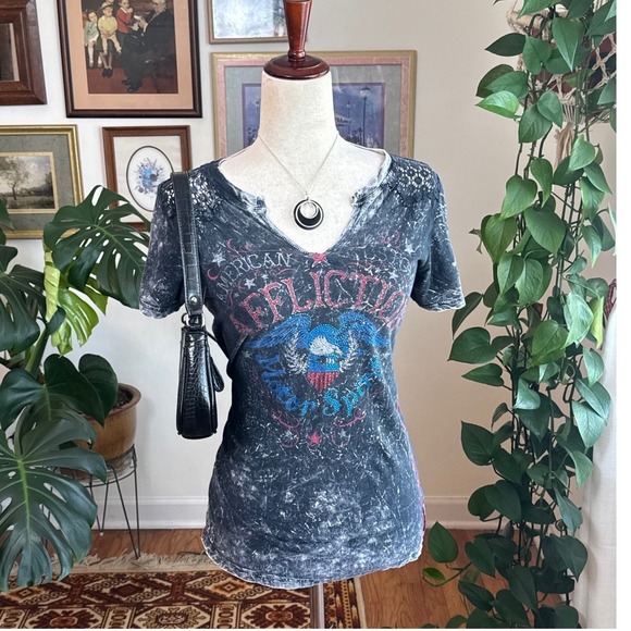 Affliction Tops - Y2K Affliction American Customs Graphic Tee Black Acid Wash Rhinestone Lace L